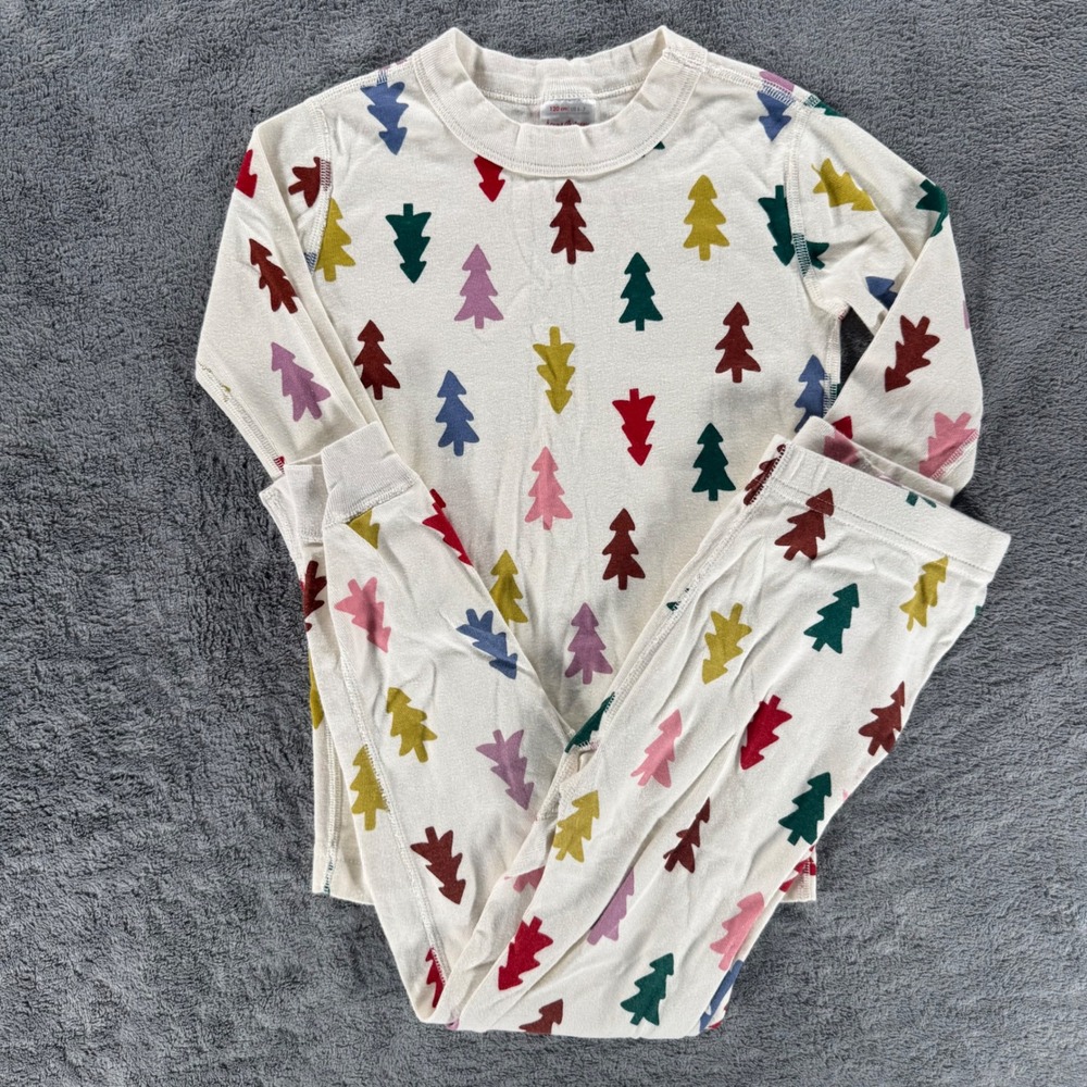 Hanna Andersson Long John Pajama Set 120 US 6-7 Festive Forest on Ecru Holiday